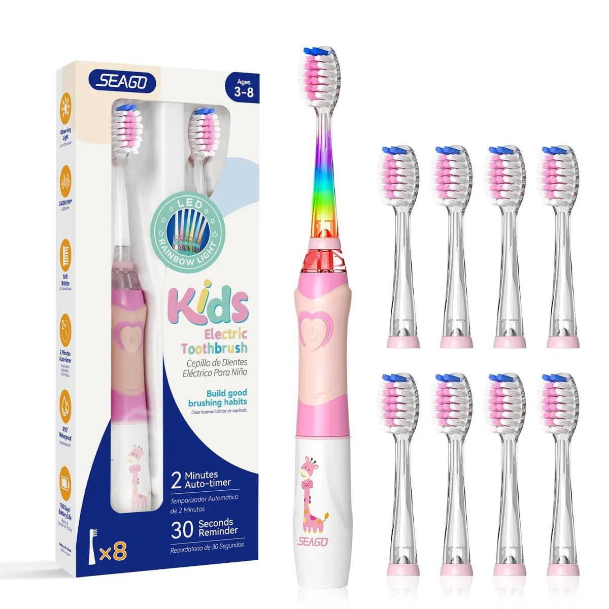 White sonic toothbrush handle with eight replacement heads visible