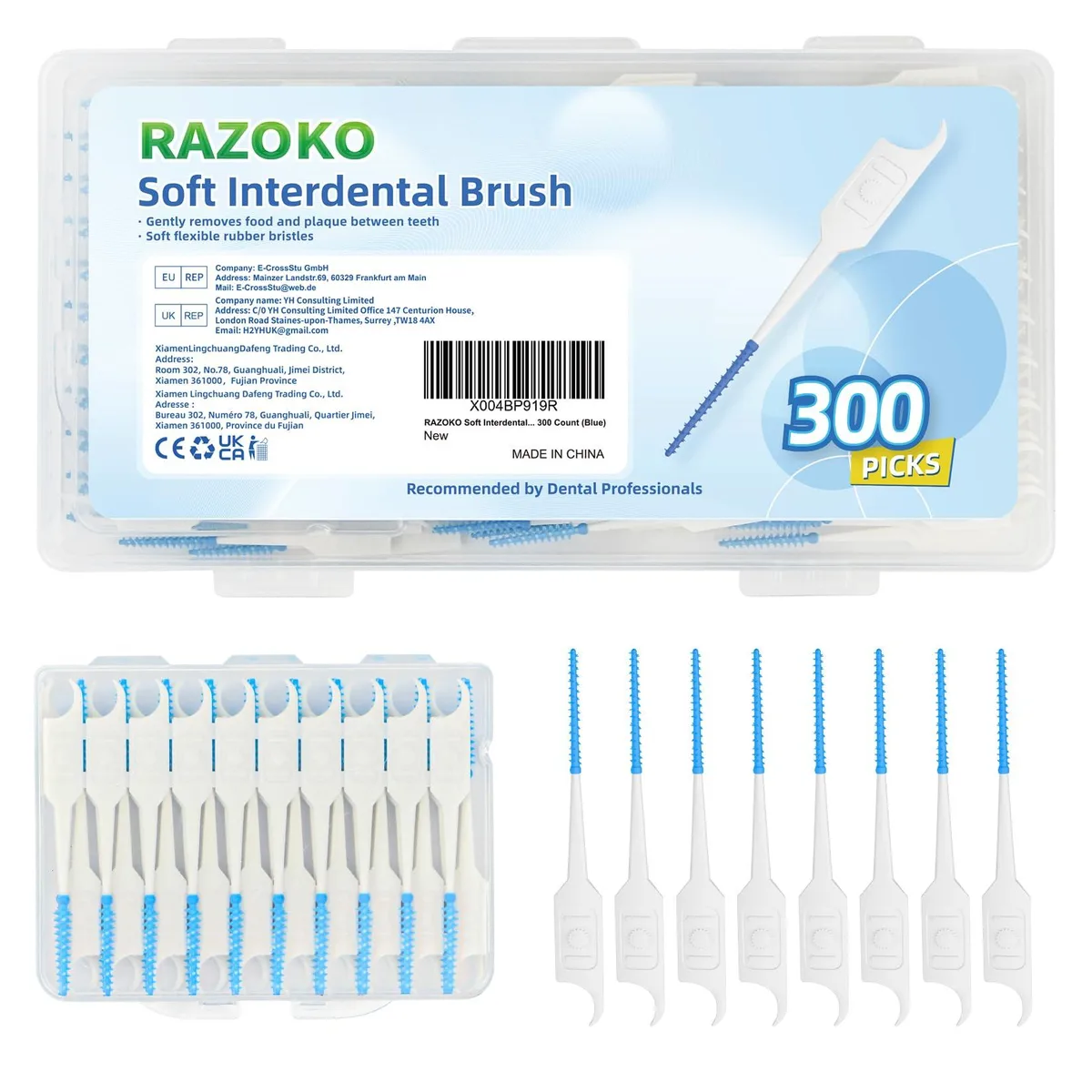 Blue box of 300 soft interdental brushes with carry case
