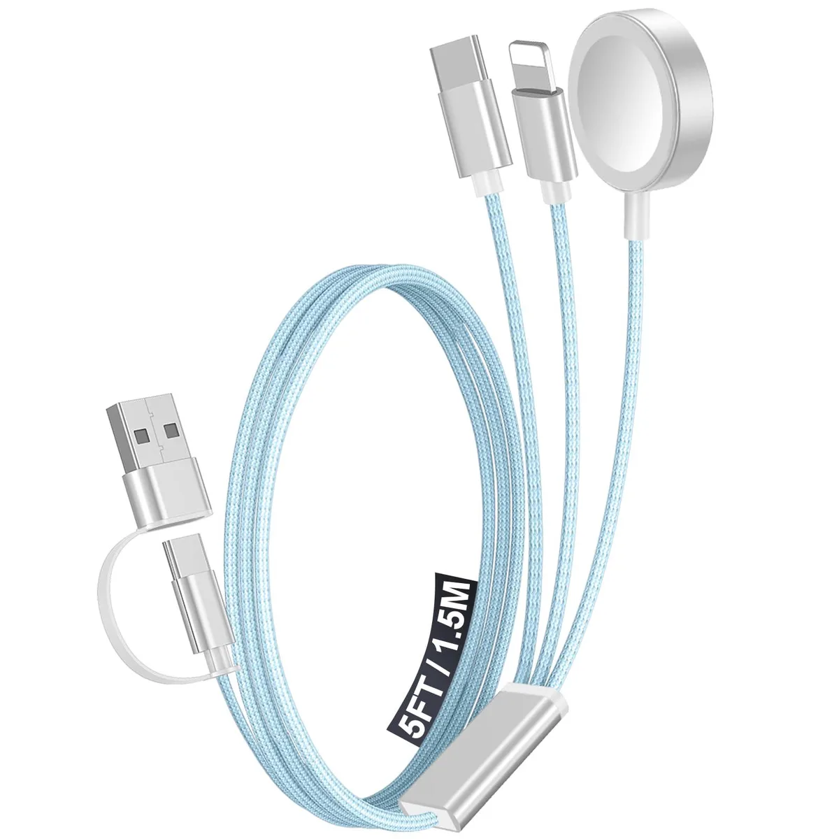  xiwxi 3-in-2 Multi Charging Cable USB-C USB-A Lightning Apple Watch 1.2m Blue — product photo