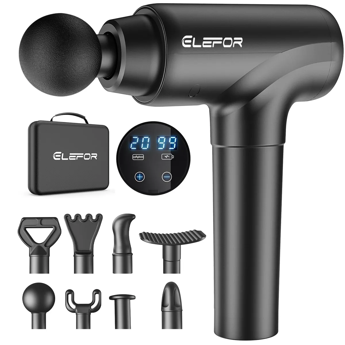 Blue handheld massage gun with LCD touch screen and matte finish