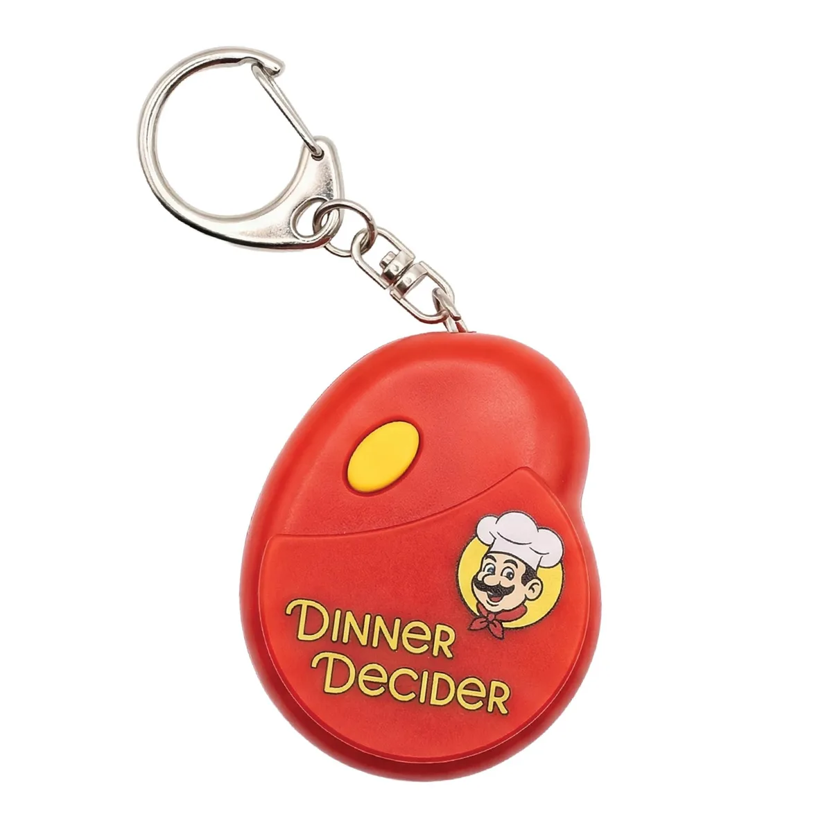Red plastic keychain with clip and button, displays dinner options