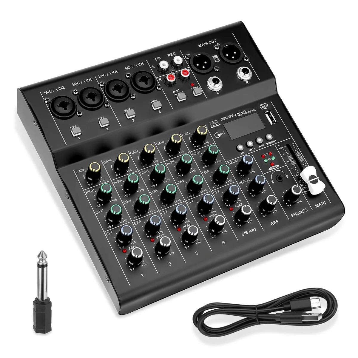 Sejaede DJMX-6CH 6-Channel Audio Mixer with Bluetooth, USB/MP3, DSP Effects & 48V Phantom Power — product photo
