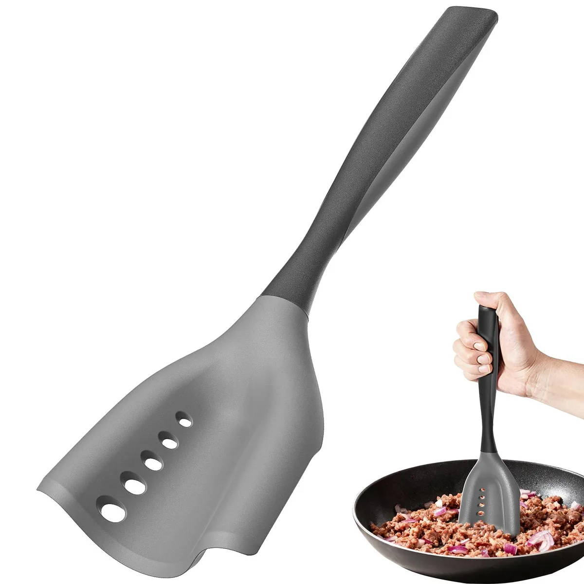 Black silicone meat chopper spatula with perforated blade and ergonomic handle