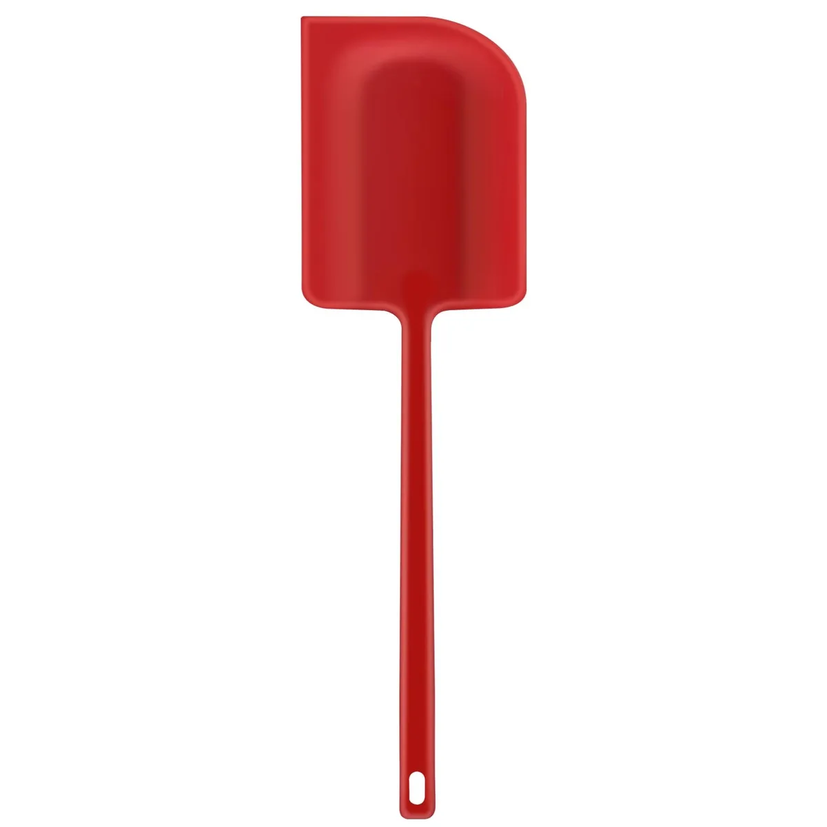 Red silicone spatula 12 in long 3 in wide with stainless core and hanging hole