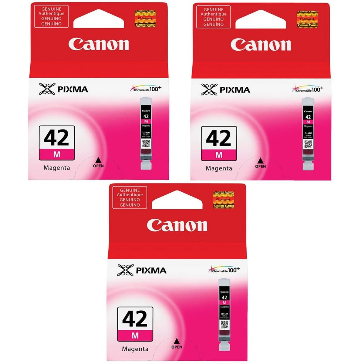 Three small rectangular magenta ink cartridges in sealed packaging