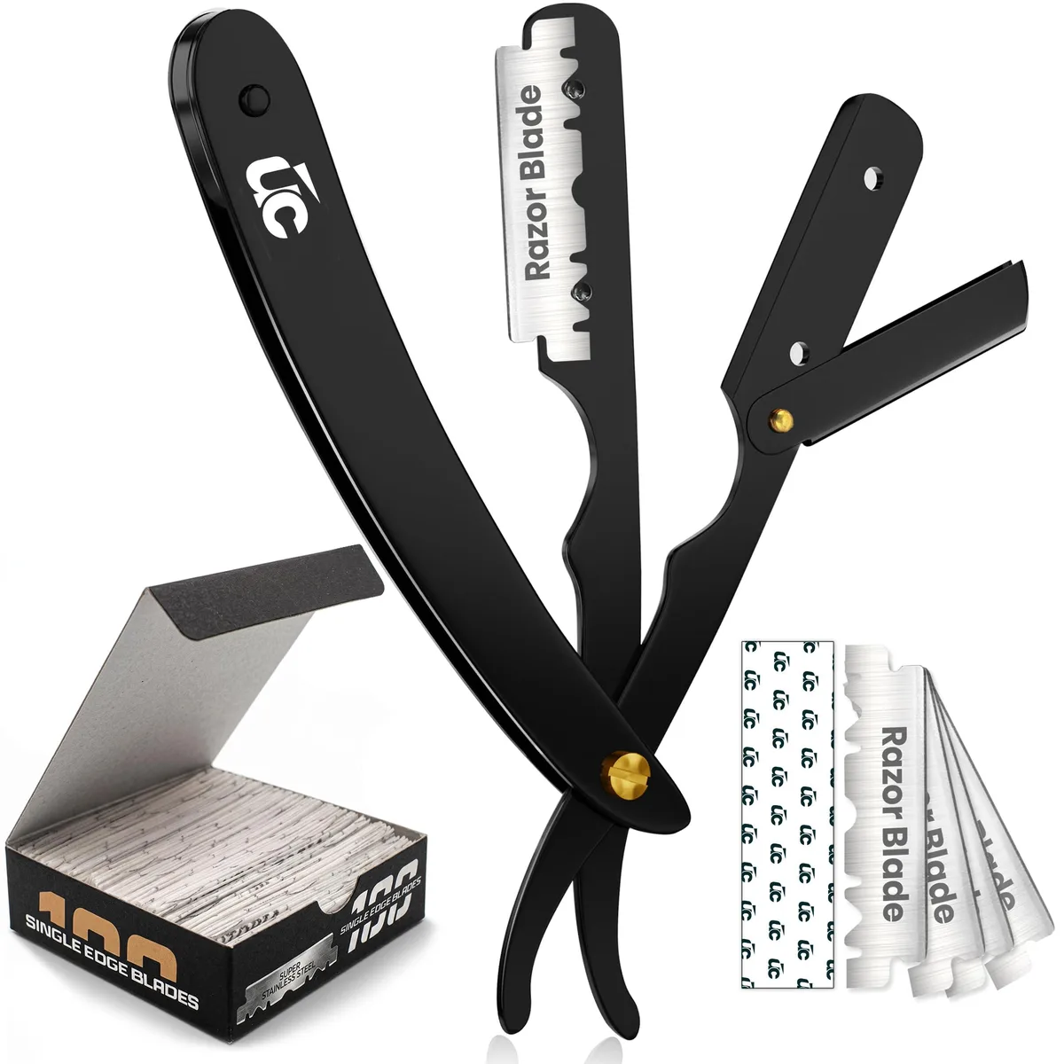 Black stainless steel straight razor with flip blade cover and 100 blades