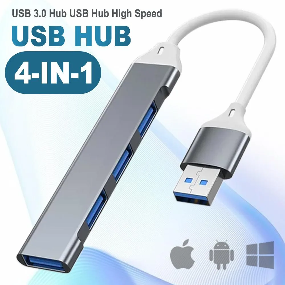 Gray ultra-slim USB hub with four ports and card reader slots
