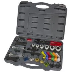 Red molded case holding 18 aluminum disconnect tools for automotive lines
