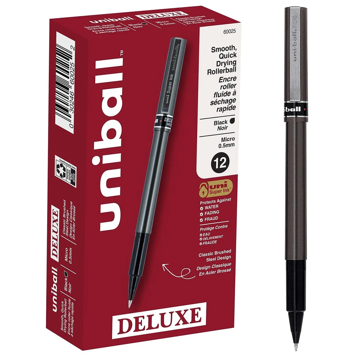 Sanford Sanford uni-ball Stick Roller Ball Pen Micro .5mm Black Ink Metallic Gray Barrel Stand 12 Pack — product photo
