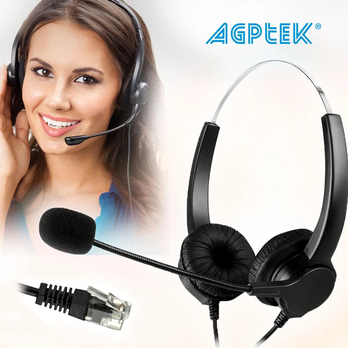AGPtek AGPtek RJ9 Crystal Head Binaural Headset 150ohm Noise Cancelling Mic Black — product photo