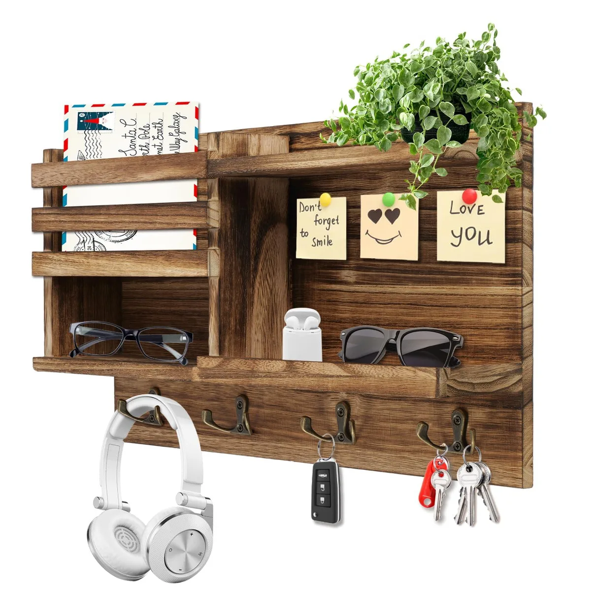 Burnt brown wooden key holder with eight hooks and a hollow centre shelf