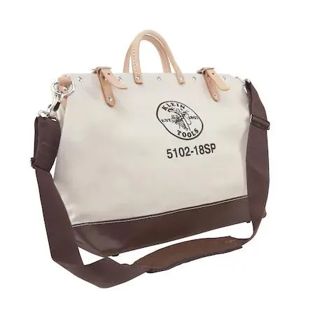 Brown canvas tool bag, wide mouth, leather shoulder strap, 13 interior pockets, 18 inches wide