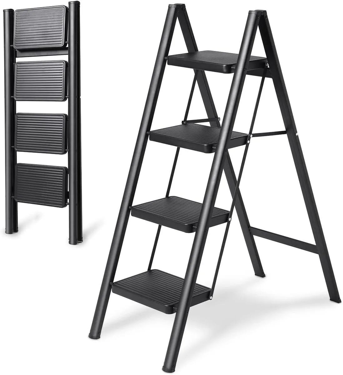 Black four-step folding ladder with wide anti-slip pedals and rubber feet