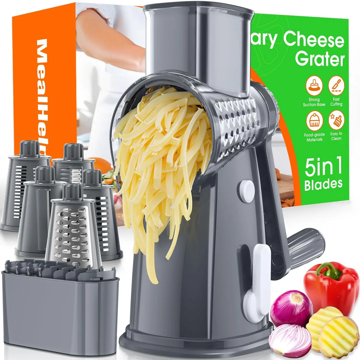  MealHelper 5-Blade Rotary Grater, 3.7 Inch Barrel, 10.8 x 9.8 x 3.5 Inch, Gray — product photo