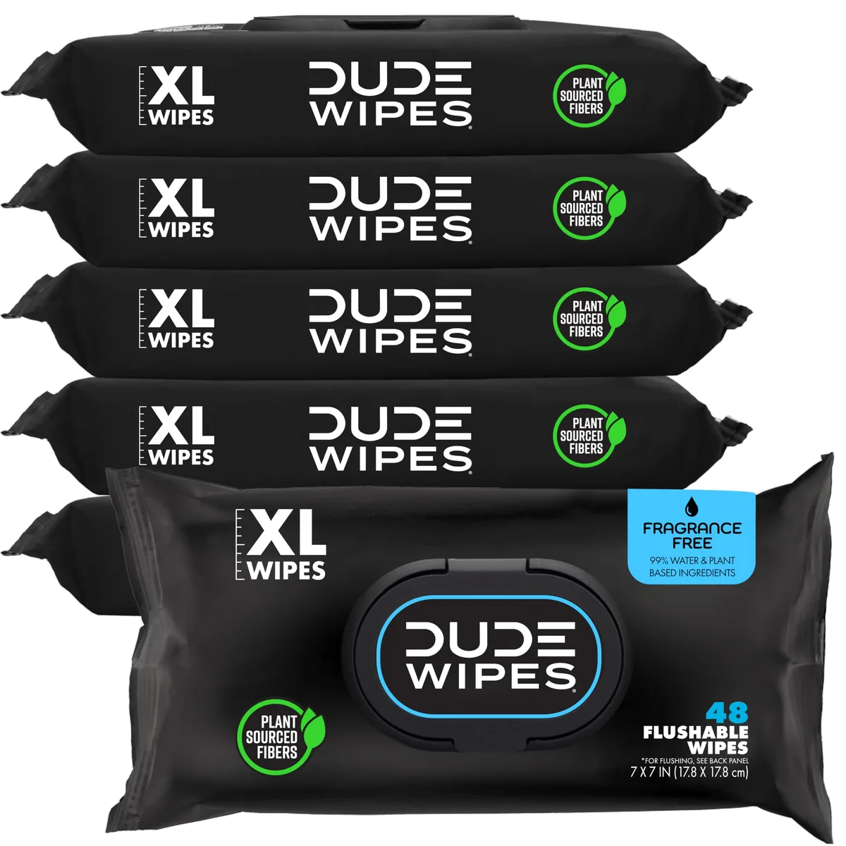 Rectangular cardboard box containing six packs of flushable unscented adult wipes
