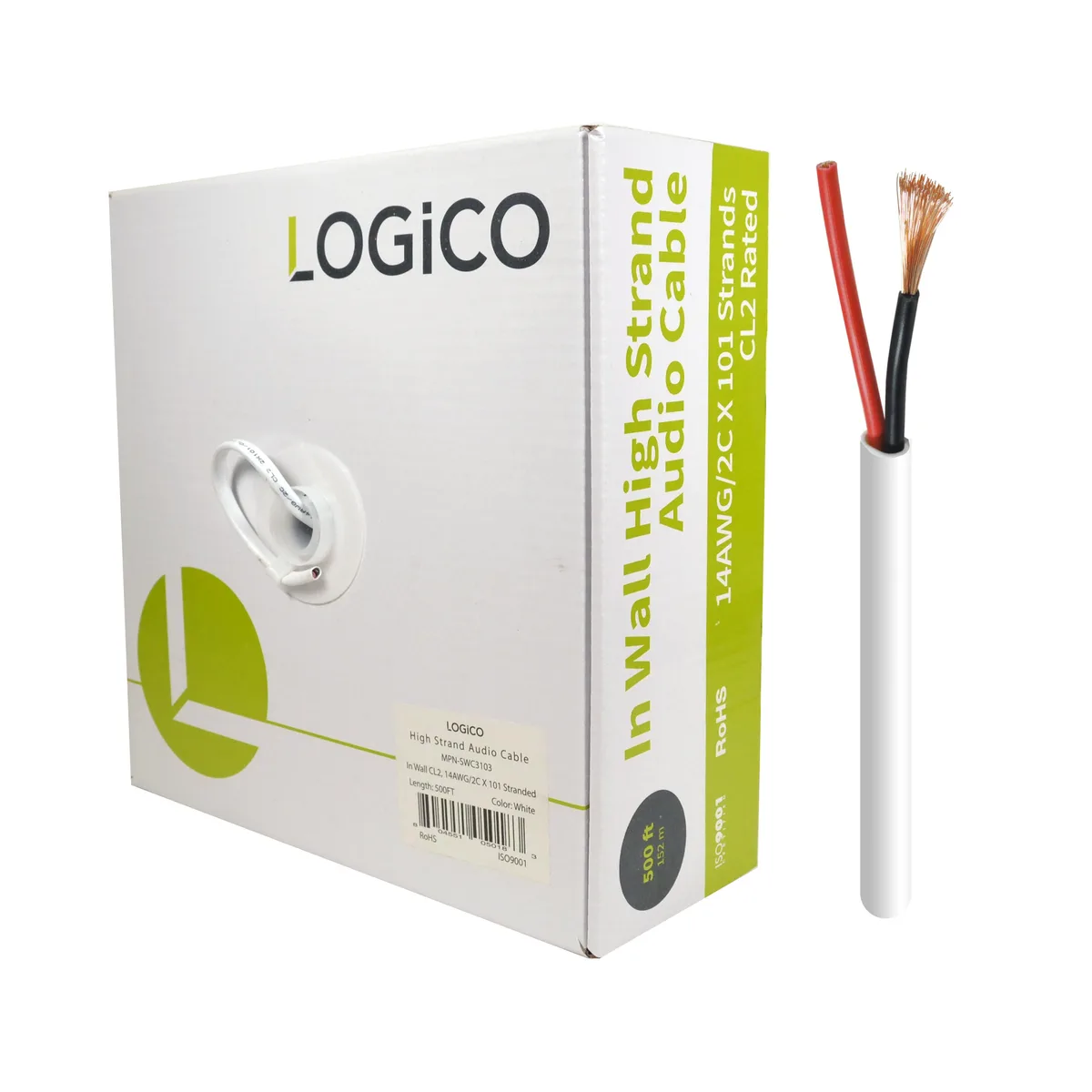 Coiled white speaker wire in pull box, 14AWG two-conductor CL2-rated CCA cable with red and black inner insulation, 500ft length