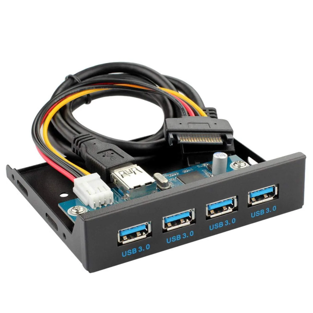  IOGEAR U3-109 USB 3.0 4-port front panel hub, 20-pin header, SATA power, 3.5" bay — product photo