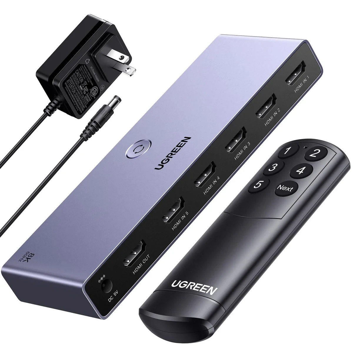 Black aluminum HDMI switch, five inputs one output, remote included