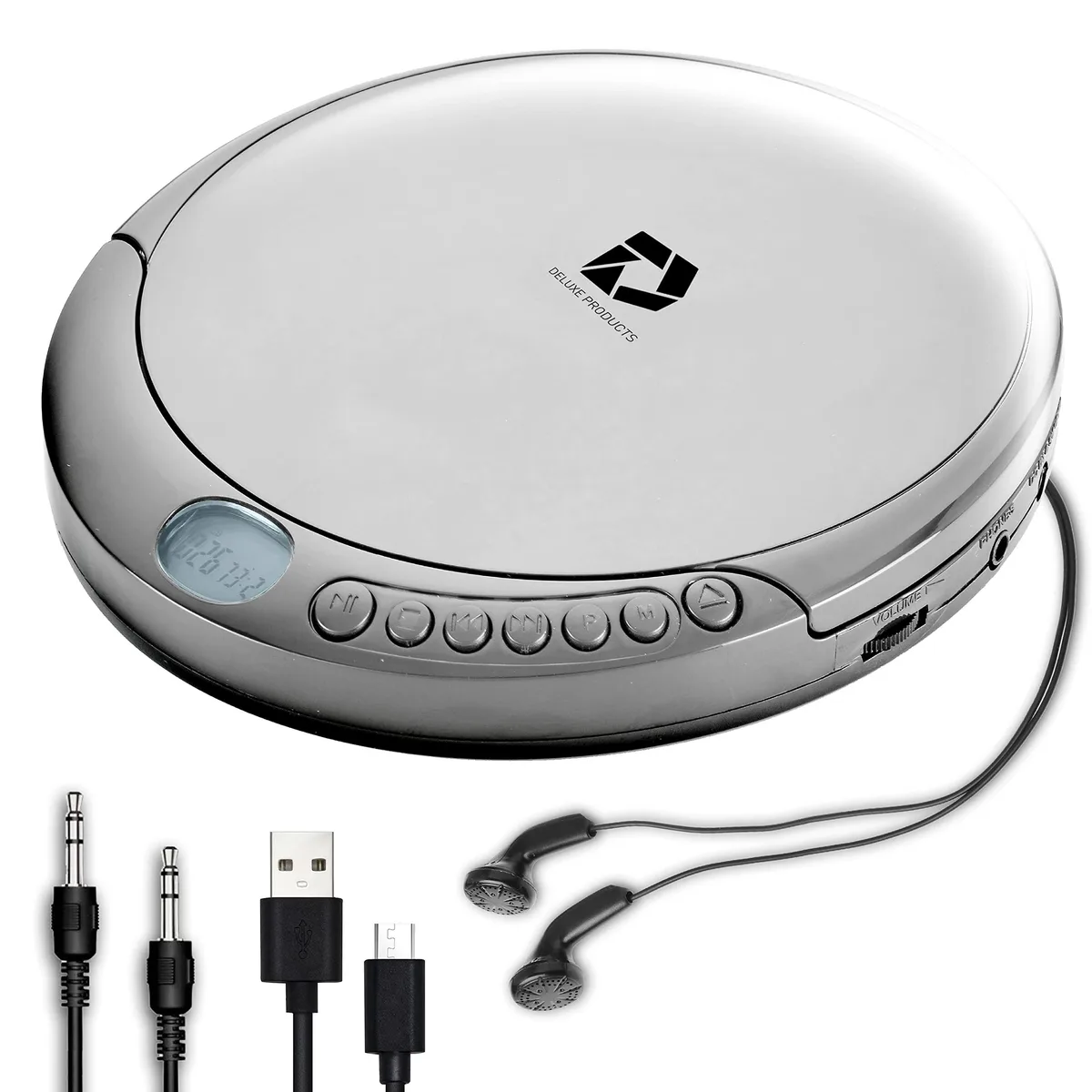 Silver portable CD player with earbuds and cables