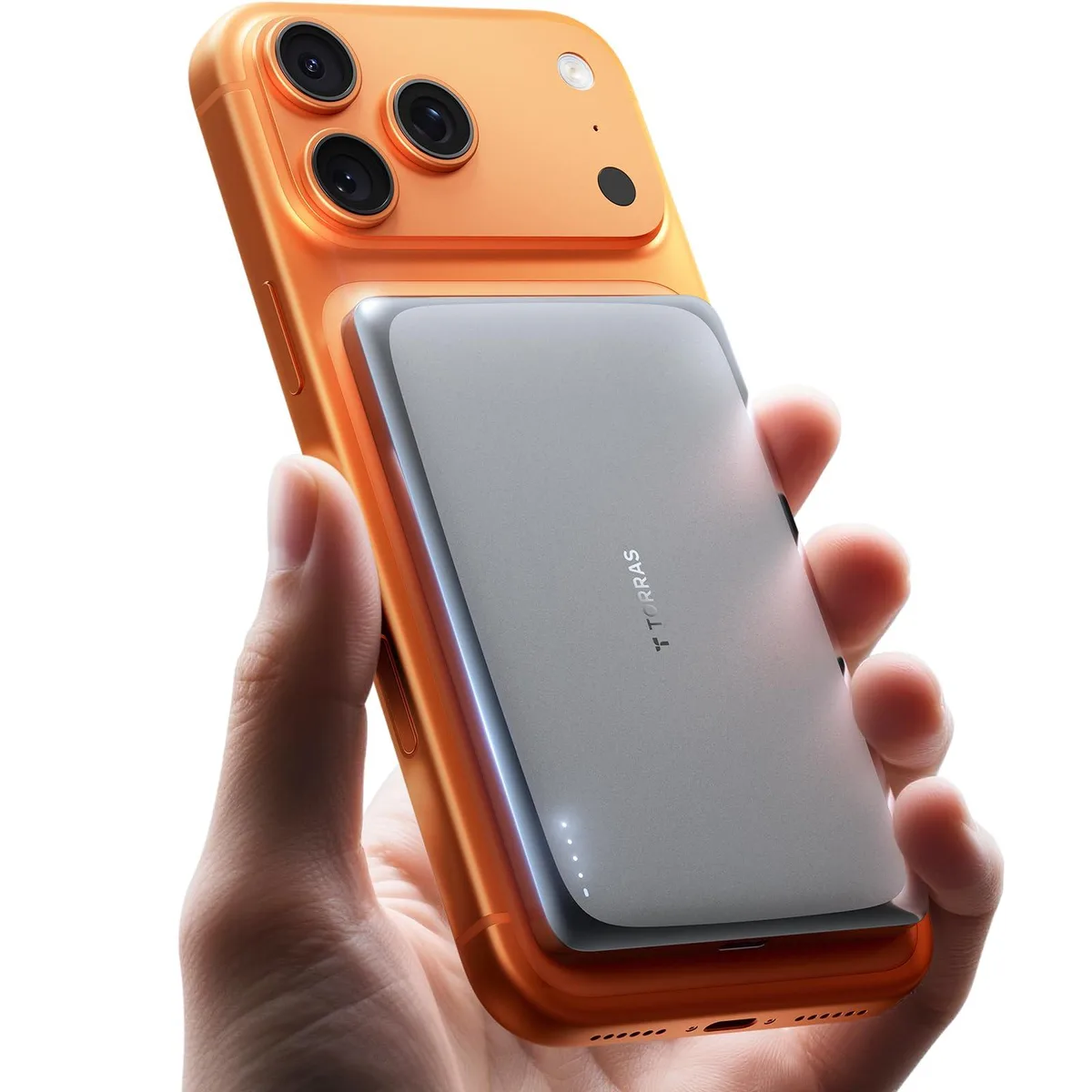 Slim grey power bank, 0.3 inches thick, magnetic back, USB-C port visible