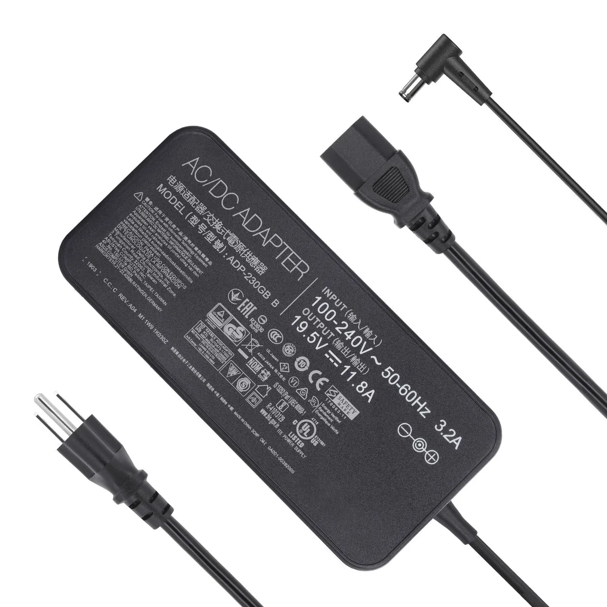 Black rectangular AC adapter with 6.0 by 3.7 mm barrel connector and detachable US power cord