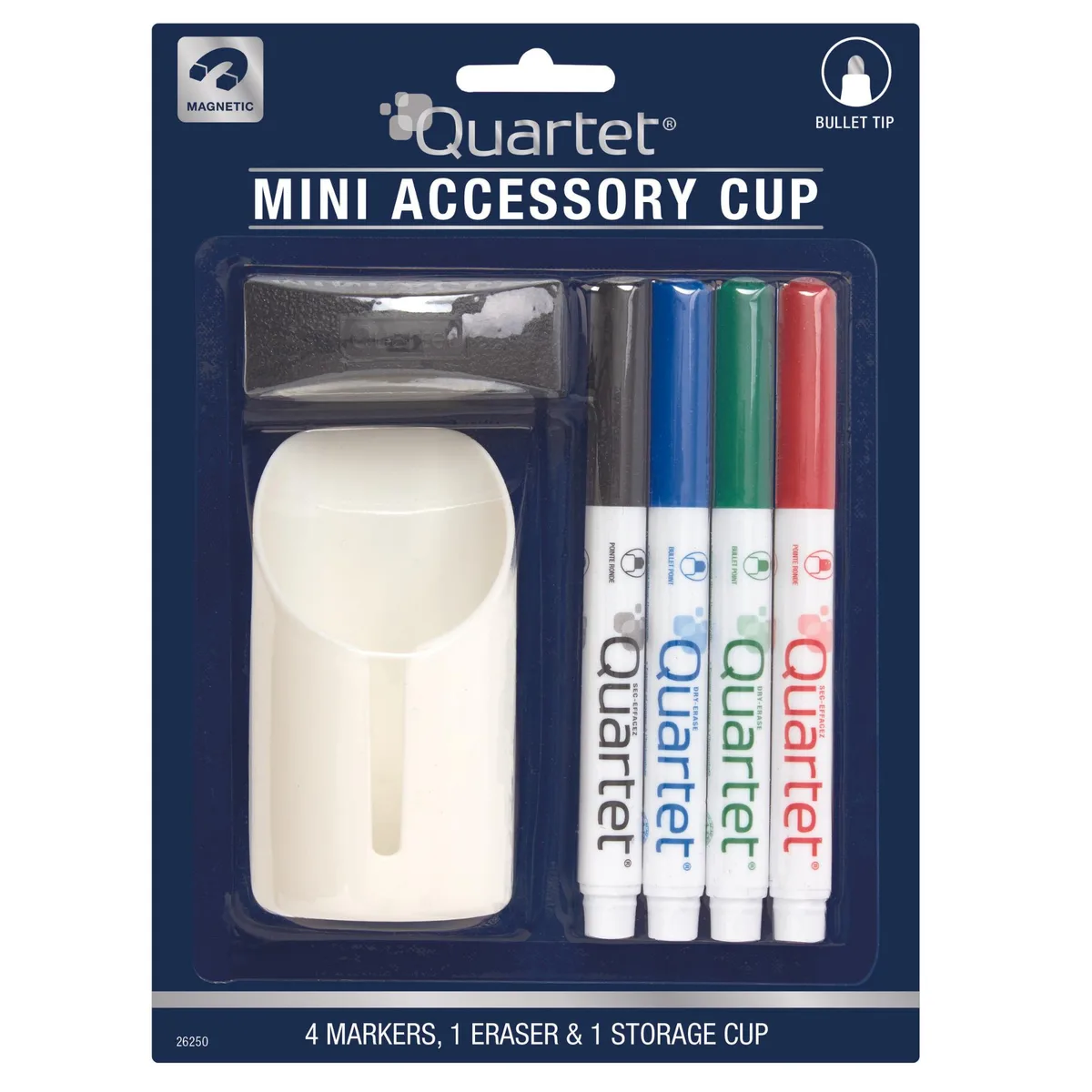 A white magnetic cup holding four slim dry-erase markers and a small rectangular eraser