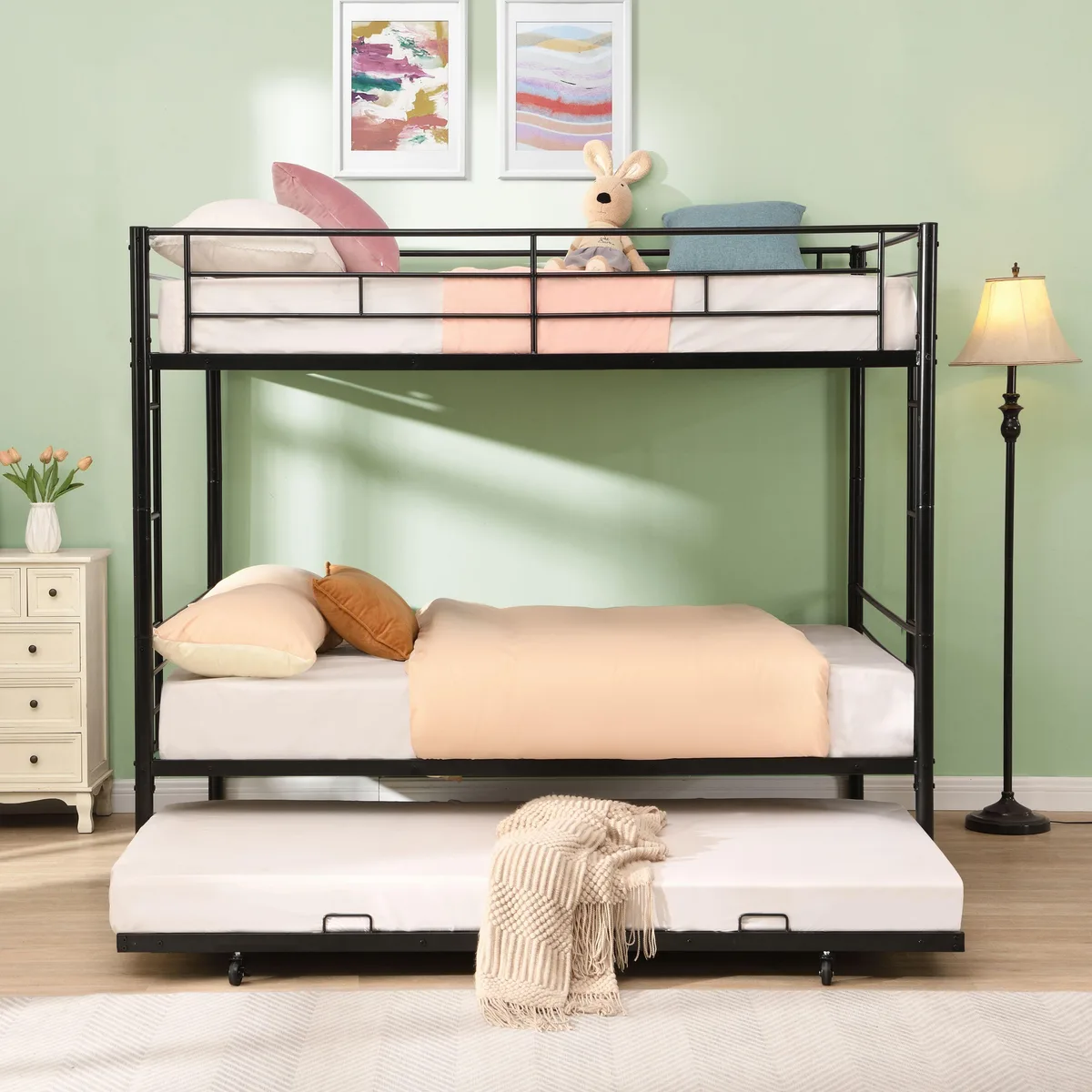 tuphen tuphen Full Over Full Metal Bunk Bed with Trundle, Black — product photo