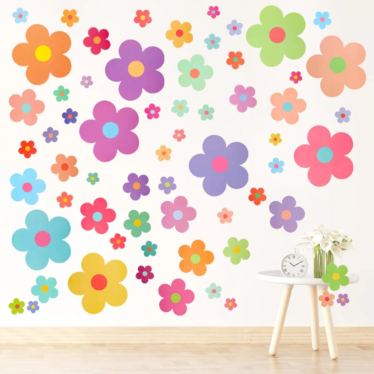 Nine sheets of colourful vinyl flower stickers, 63 pieces total, each sheet 30 by 20 cm