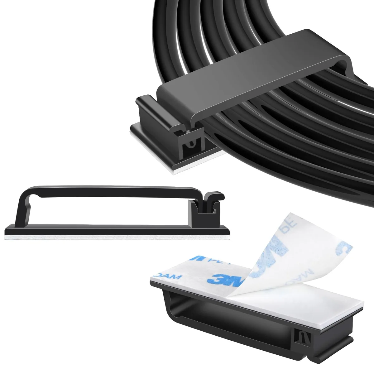 Forty black XL self-adhesive cable clips with nylon buckles