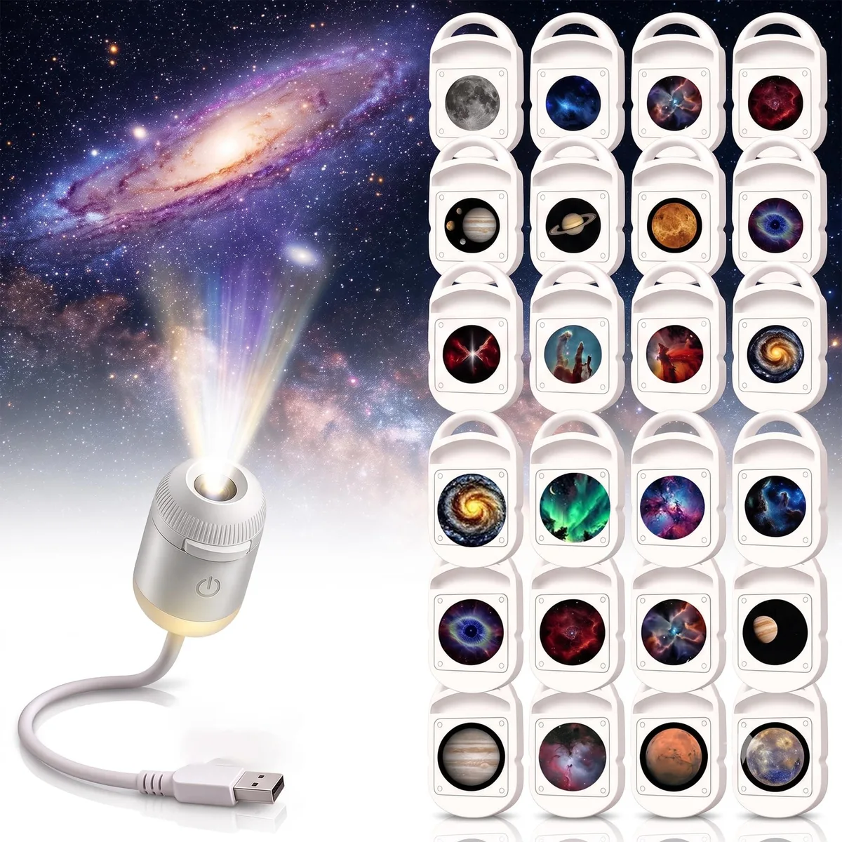 Compact cube projector with matte finish, USB cable, interchangeable film discs