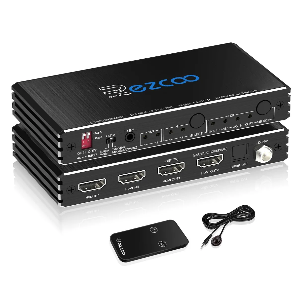 Compact black HDMI switch box with four ports, SPDIF output and front panel buttons