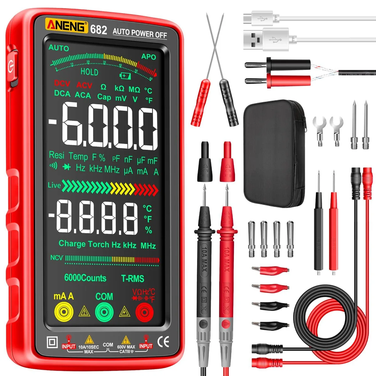 ANENG 682 digital multimeter with 5.0 inch color LCD screen in protective silicone case