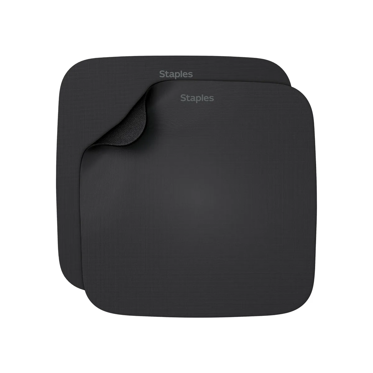 Two black square mouse pads with polyester tops and rubber bases