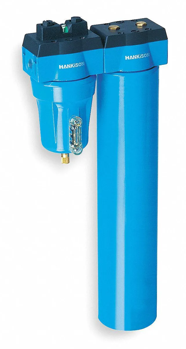 Silver aluminium membrane air dryer, 11 23/32 in tall, 3/8 in NPT ports