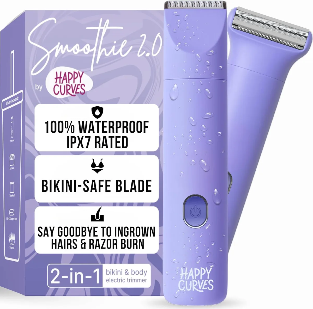 Compact berry-coloured electric bikini trimmer with foil head and snap-on trimming head with two adjustable guards