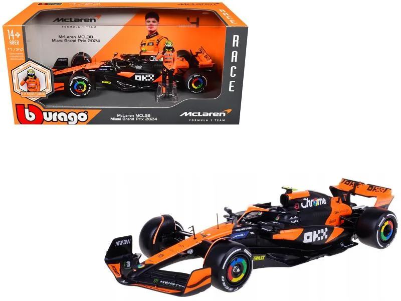 BBURAGO BBURAGO McLaren MCL38 #4 Lando Norris OKX Winner Miami GP 2024 1/24 Diecast with Figure — product photo