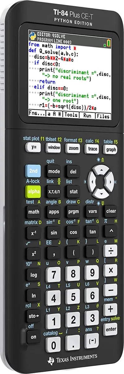 Black Texas Instruments 84 Plus CE graphing calculator with Python