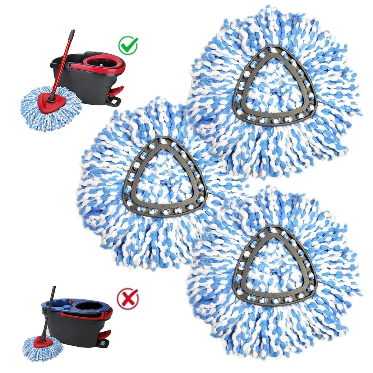 Three round microfibre mop heads in blue and white, packed flat