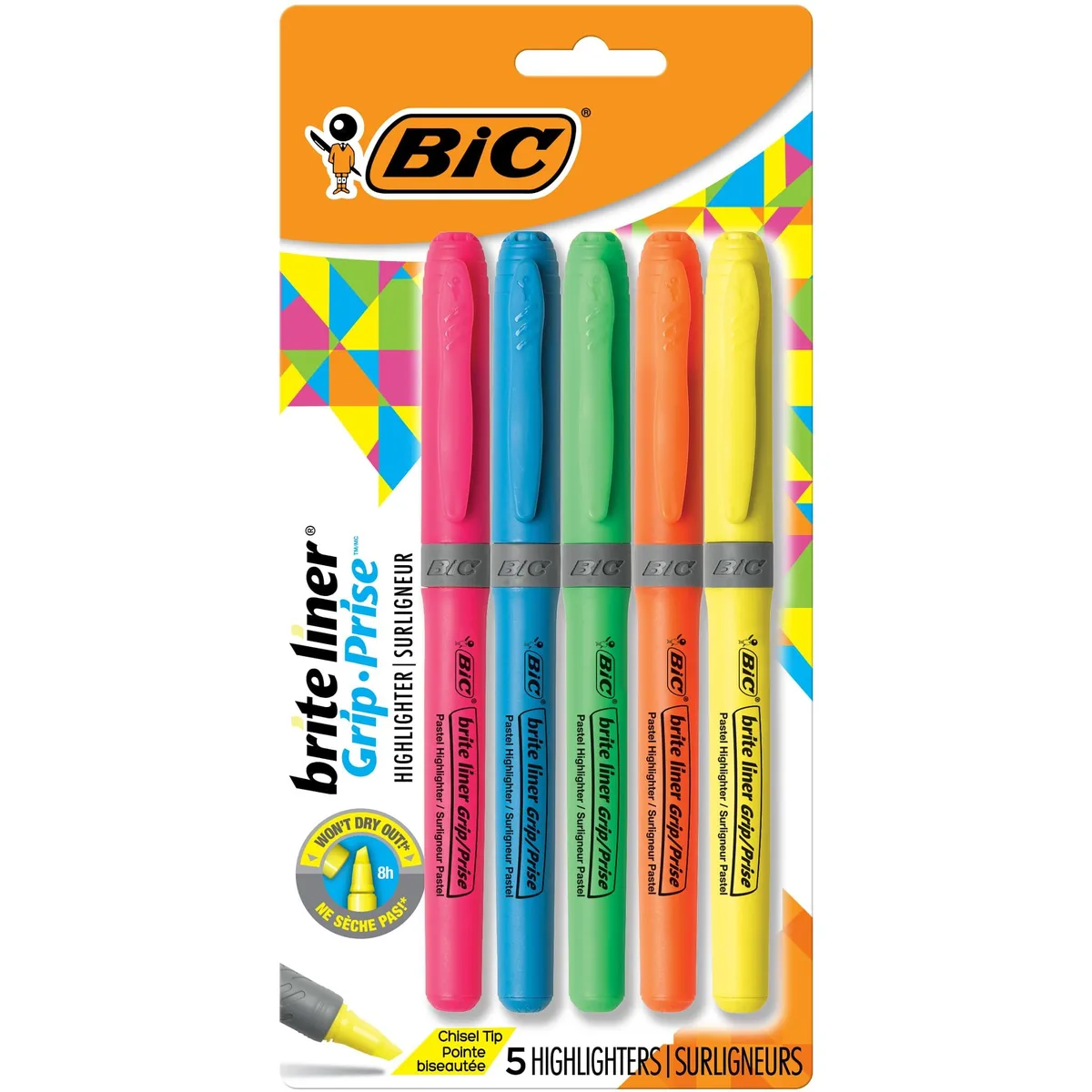 Five highlighters with ribbed grips and chisel tips in yellow pink blue green orange