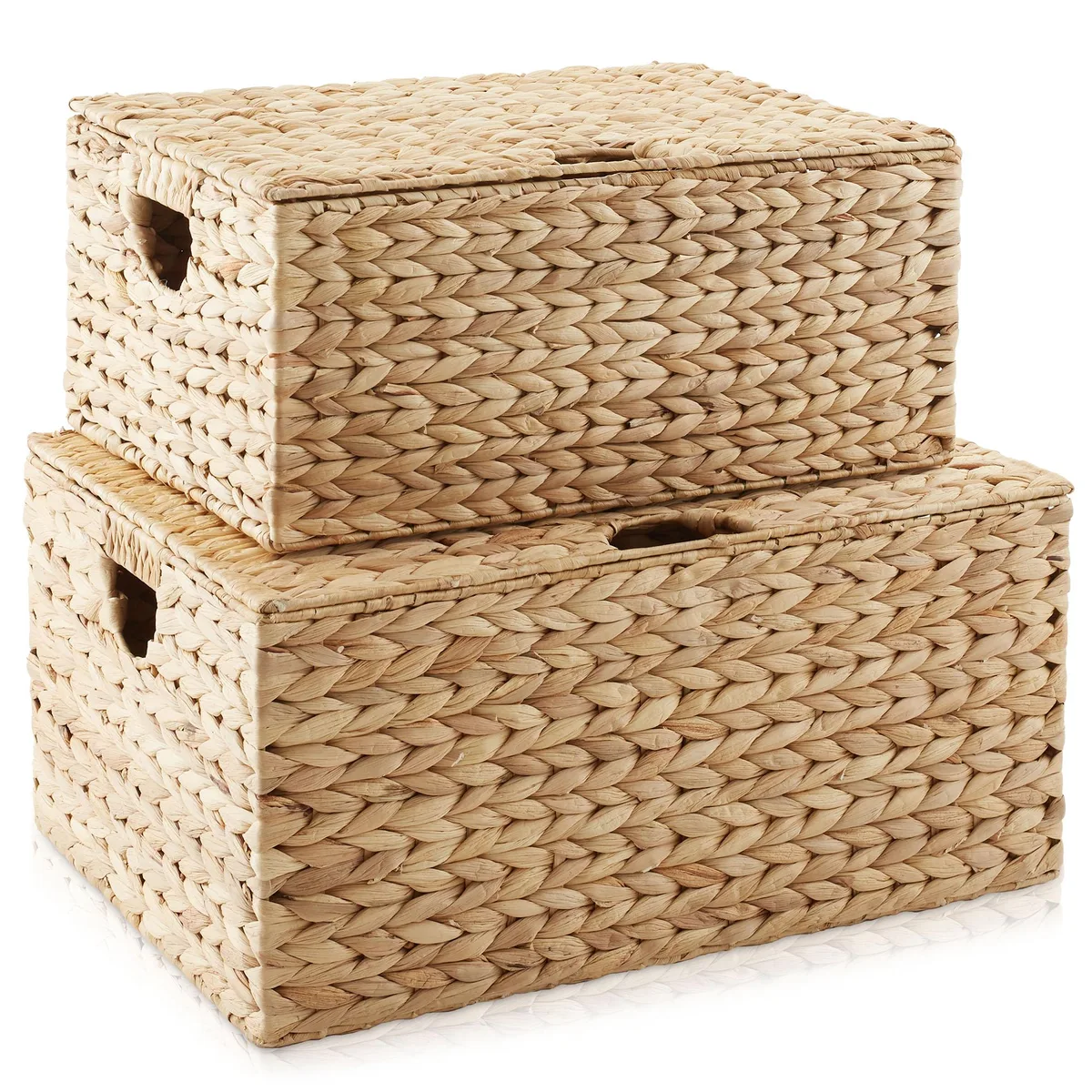 Two handwoven natural water hyacinth rectangular storage baskets with attached lids and carry handles, medium and large sizes