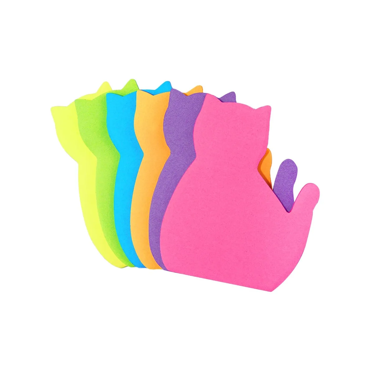 Six square cat-shaped sticky note pads in bright colours