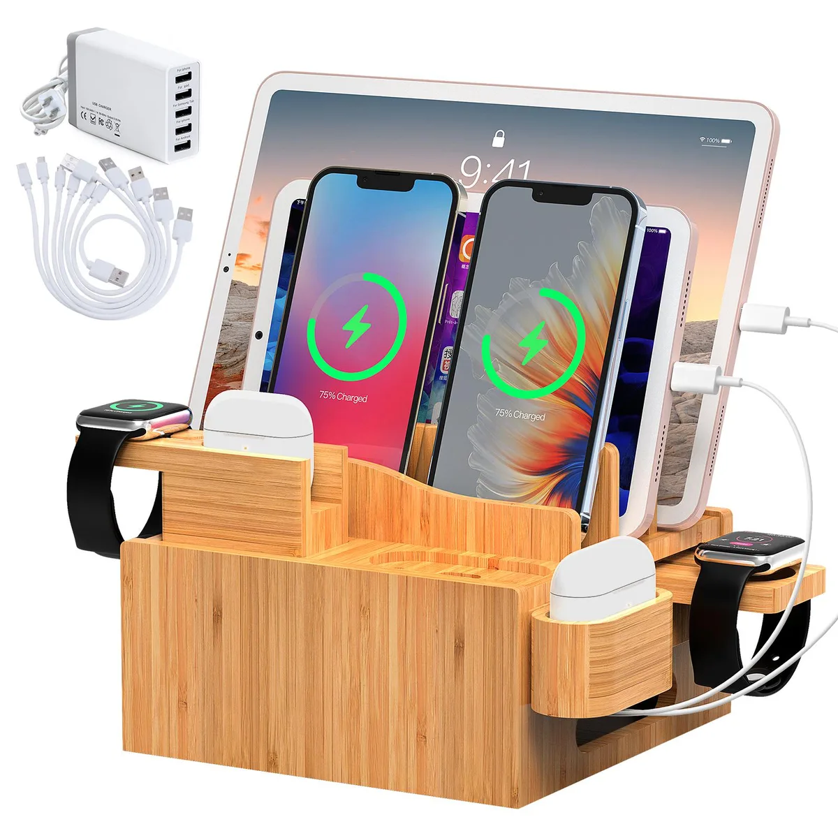 BambuMate BambuMate Bamboo USB Charging Station with 5-Port Charger, 6 Cables, Watch and Earbuds Stand — product photo