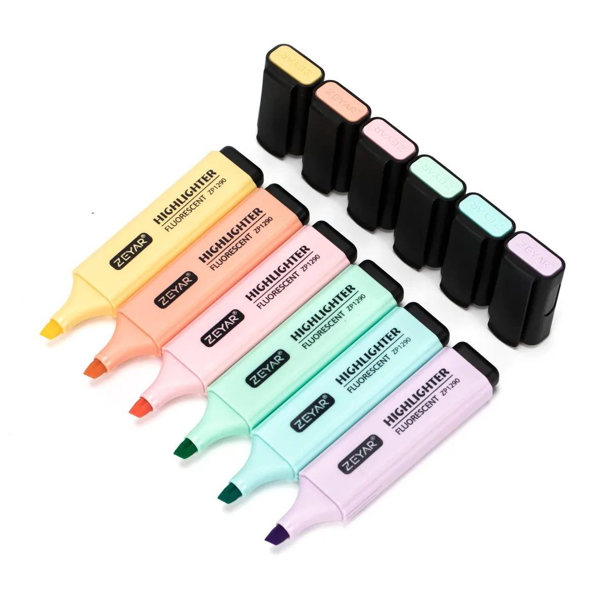Six pastel highlighters with chisel tips in a row