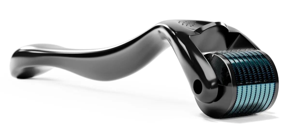Handheld derma roller with black and blue titanium finish