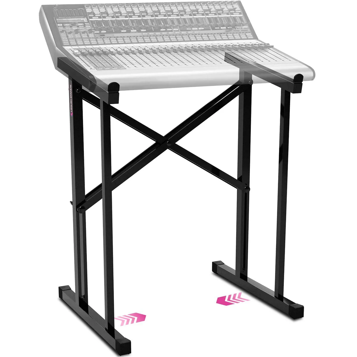 Black collapsible mixer stand with angled top platform, folded flat