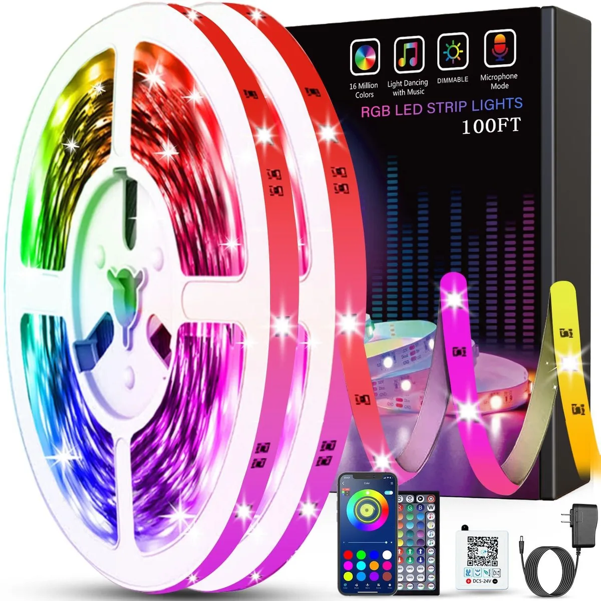 Two 50ft RGB LED strip rolls, 480 lights, adhesive back, remote and app control