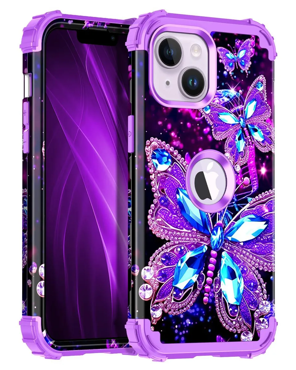 Purple glow-in-the-dark shockproof case for iPhone 13 and 14 with hard plastic back and soft silicone frame