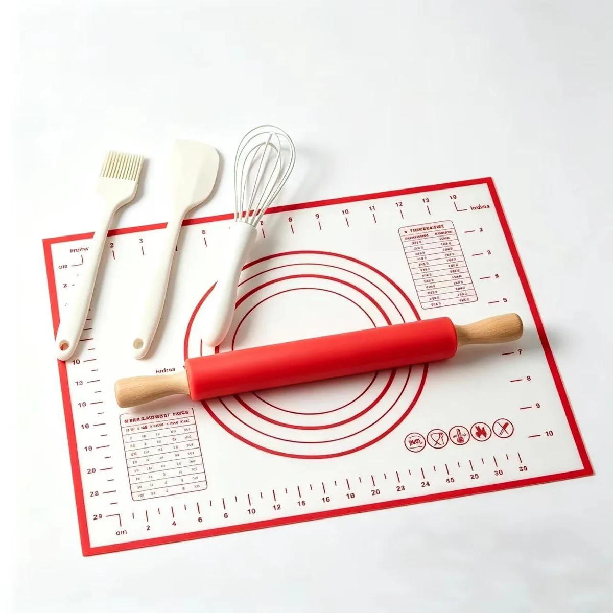 Five-piece silicone baking set with red-and-white mat, wooden rolling pin, scraper, brush and whisk