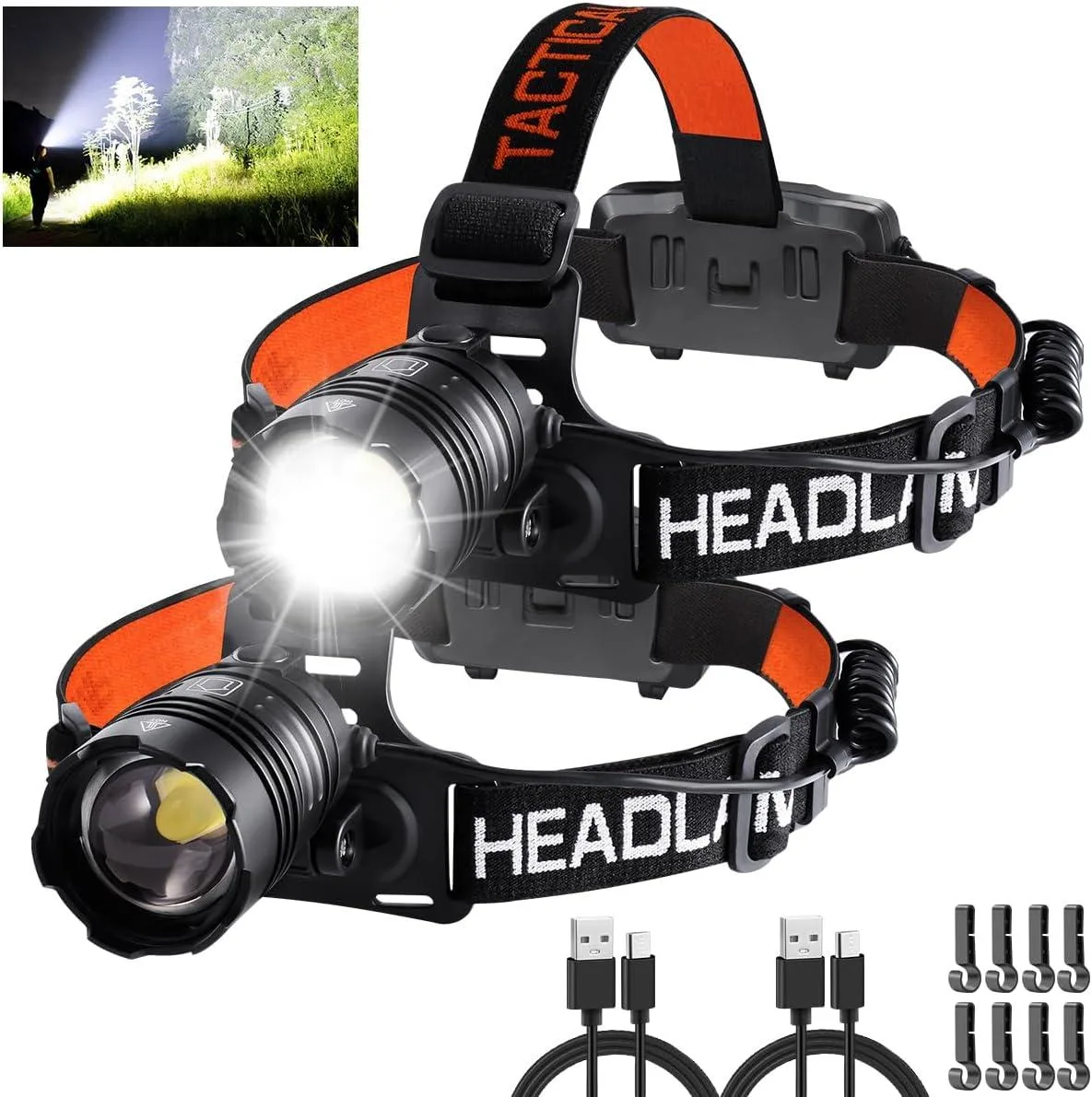 Two black adjustable headlamps with elastic straps and focusable lenses