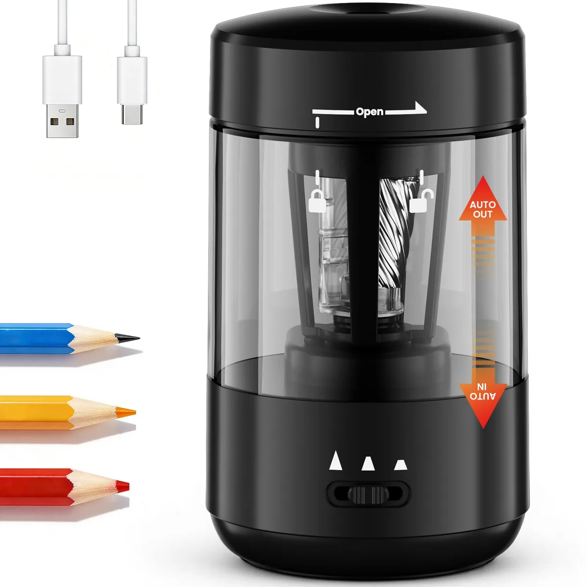Black battery-powered electric pencil sharpener with USB charging port and adjustable settings dial